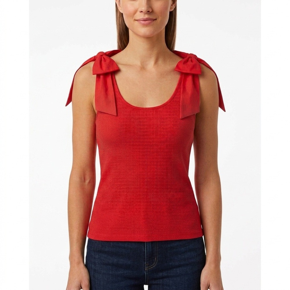 French Connection Tank Top Womens‎ Large Red Ribbed Bow Shoulder Scoop Neck
